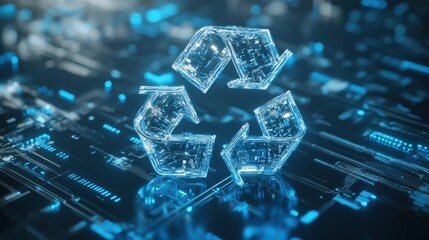 Digital representation of the recycling symbol surrounded by technology-themed background
