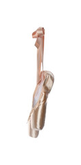 Pair of beautiful beige pointe shoes isolated on white