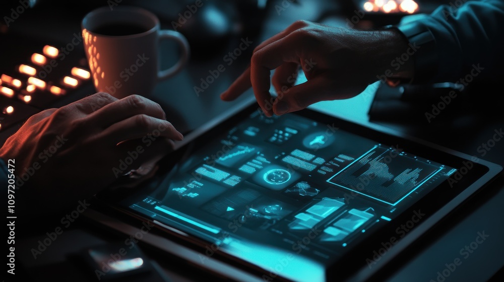 Poster A person interacting with a digital tablet displaying various data visualizations.