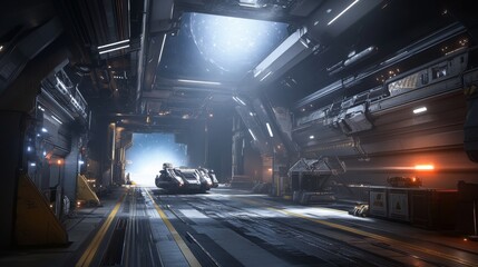 Futuristic Spaceship Hangar with Open View to Space