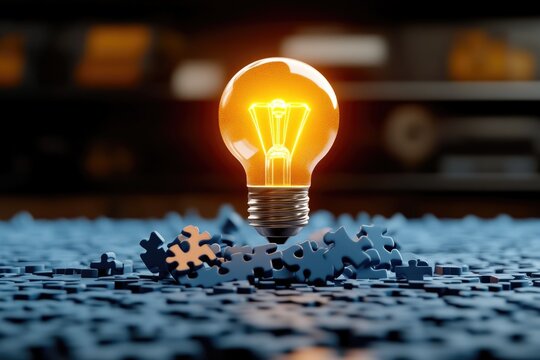 Creative solutions emerging from a glowing lightbulb above puzzle
