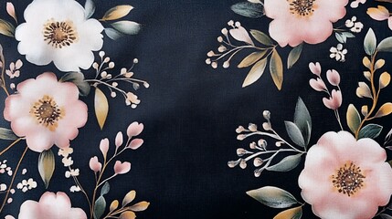 Floral background, hand-painted pink and cream flowers on a dark blue background, with copy space in the middle of the frame, in the style of digital art.