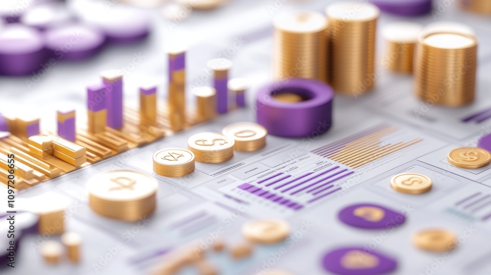 Poster a close-up view of financial charts and coins, illustrating data analysis and investment.