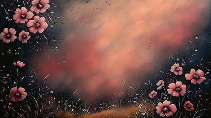 Floral background, hand-painted pink and cream flowers on a dark blue background, with copy space in the middle of the frame, in the style of digital art.