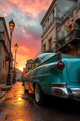 old  vintage 1950's american car in the old town at sunset