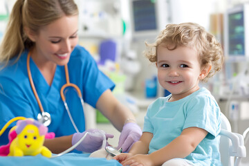 Obraz premium A pediatrician conducting a medical checkup on a calm child with a stethoscope, supported by a friendly nurse in a bright hospital setting. 