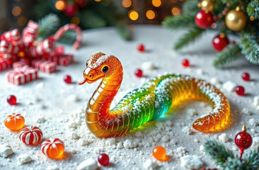 Fototapeta premium Jelly candy snake, symbol of 2025 on the Christmas sweet table
