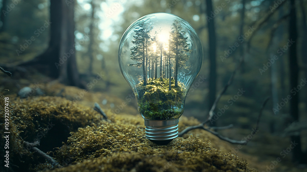 Poster surreal image of a light bulb protecting a forest, representing environmental conservation and susta