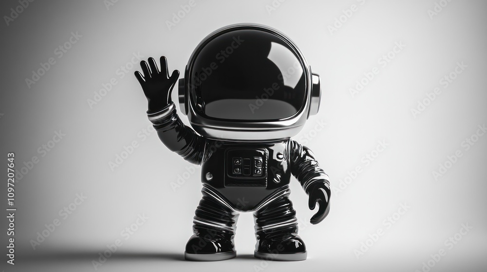 Poster a glossy black astronaut figure waving, showcasing a playful design in a minimalist setting.