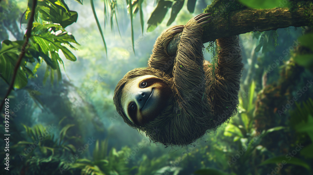 Poster Joyful sloth relaxing on a tree branch in the vibrant rainforest environment