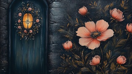 Floral background, hand-painted pink and cream flowers on a dark blue background, with copy space in the middle of the frame, in the style of digital art.