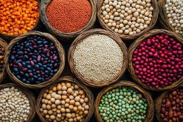 Colorful assortment of beans and grains displayed in woven baskets at a market