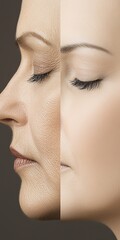 Obraz premium This powerful color photograph offers a side-by-side comparison of a white woman's skin metamorphosis. The left side of the image shows her already aged appearance, with wrinkles and signs of aging 