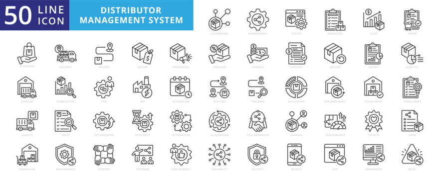 Distributor management system icon set with inventory, sales, order, customer, supplier, logistics, warehouse, delivery, route, pricing, promotion, return, report, analytics, forecasting, and invoice