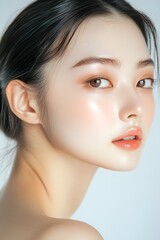 Fototapeta premium Beautiful Young Asian Woman with Clean Fresh Skin on white background