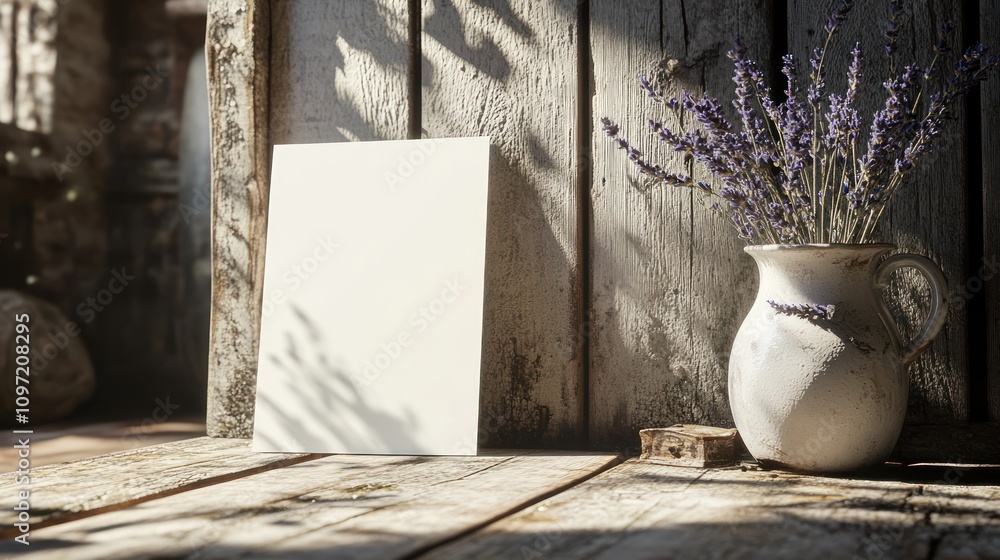 Poster a serene setting featuring a blank canvas and a vase of lavender on a rustic wooden surface.