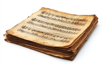 Naklejka premium Old sheet music with faded notes, stacked and isolated on white