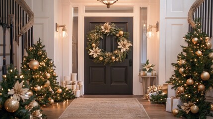 A stunning holiday wreath with artificial greenery, gold ornaments, and soft fairy lights