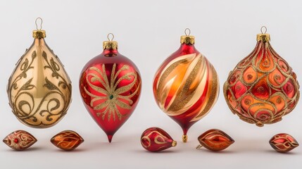 A mix gold and red glass ornaments with floral and swirl designs