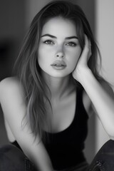 Black and white portrait of a beautiful Caucasian woman