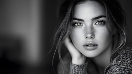Black and white portrait of a beautiful Caucasian woman