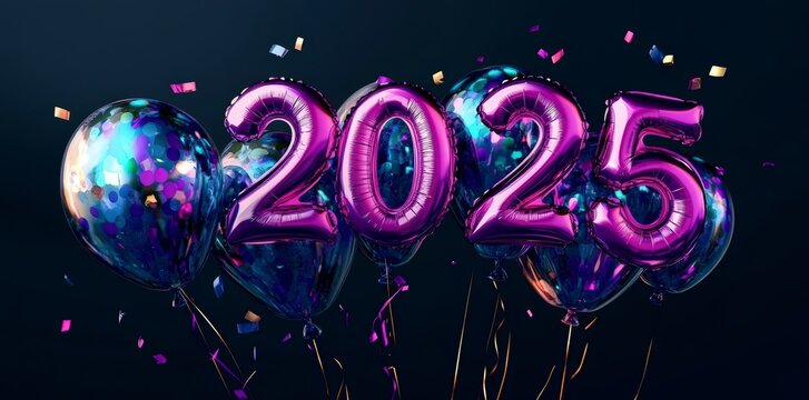 Purple Balloon Numbers 2025 Floating Against a Bright Background - Powered by Adobe
