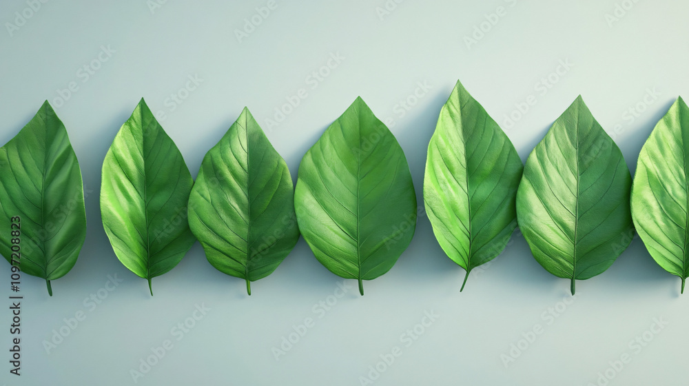 Poster lush green leaves arranged horizontally with a soft light green background, creating a natural and s