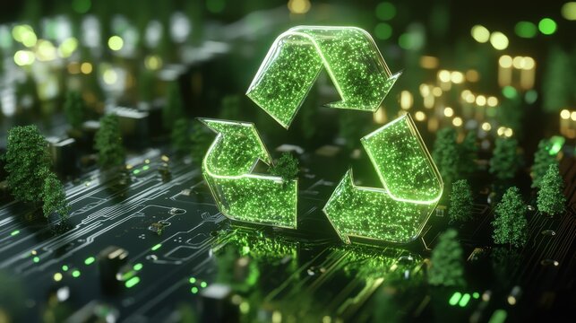 A futuristic recycling symbol emerges from a digital landscape with trees and circuits at night