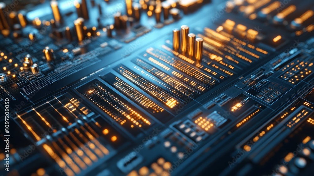 Poster a close-up view of a futuristic circuit board with glowing elements and intricate designs.