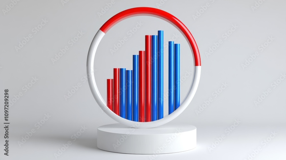 Poster 3d bar chart with red and blue bars inside a circular frame on a pedestal.