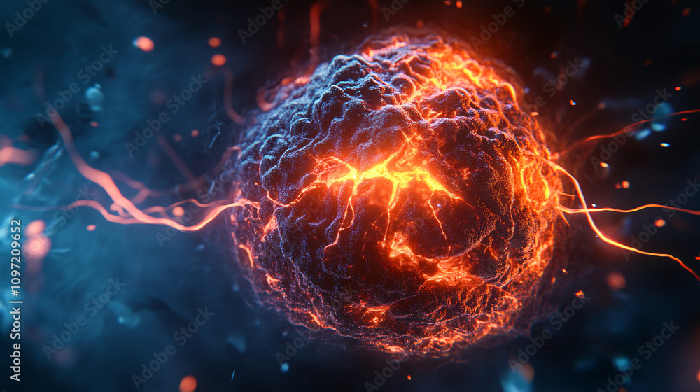 Poster fiery energy sphere emitting light and heat, hovering in the dark void with sparks and smoky trails