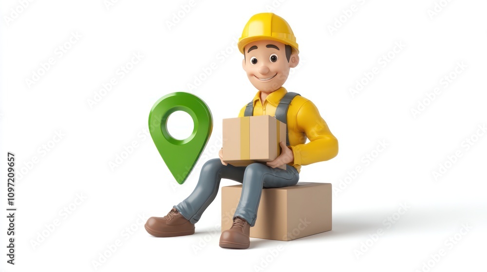 Poster a cartoon construction worker sitting with a package and a location pin symbol.
