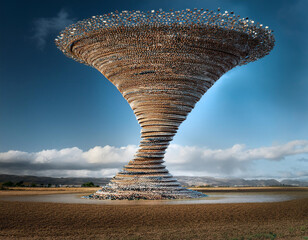 Capture a tornado with small objects swirling into new patterns to symbolize rapid market transformation