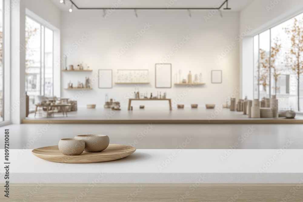 Aufkleber a modern gallery space showcasing minimalist art and pottery with a serene atmosphere.