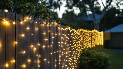 A display glowing fairy lights wrapped around an outdoor fence, creating a magical effect in the evening