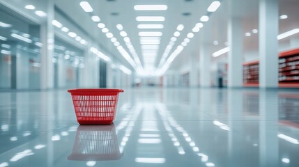 shopping basket against blurred shelves in supermarket