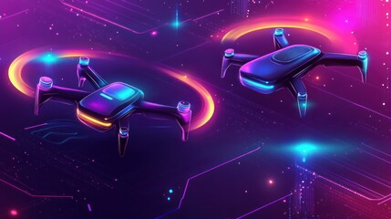 Futuristic Drones Flying Over Neon Circuitry Design