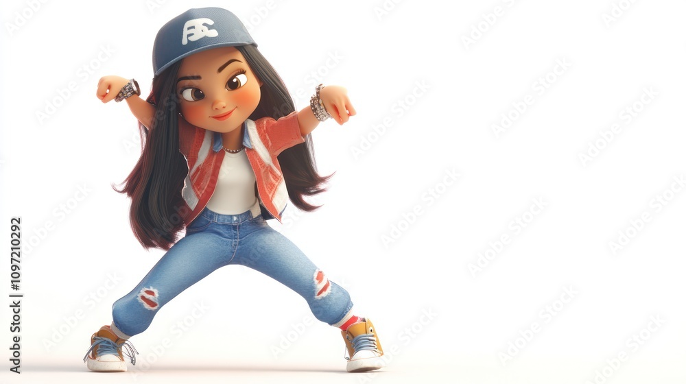 Poster a stylized animated character in casual attire striking a playful pose.