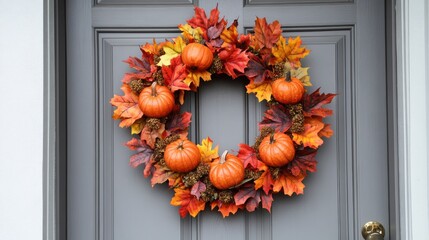 A set small pumpkins and colorful autumn leaves arranged around a door wreath to welcome the season