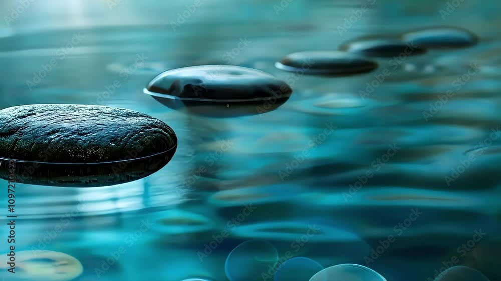 Aufkleber smooth stones partially submerged in water, creating ripples and a tranquil atmosphere with soft lig