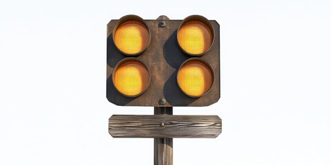Old traffic signal with four lights on wooden post