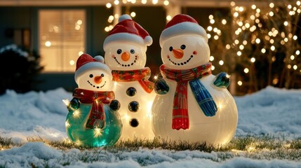 A large plastic snowman family with scarves, surrounded by glittering snowflakes on the lawn