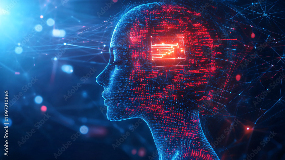 Poster Digital code humanoid head processing data, representing artificial intelligence in a futuristic cyber environment