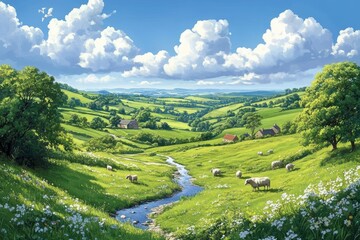 Fototapeta premium Serene landscape with rolling hills, a stream, and grazing sheep under clouds.