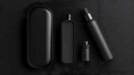 Naklejka premium Black cosmetic containers on dark background.