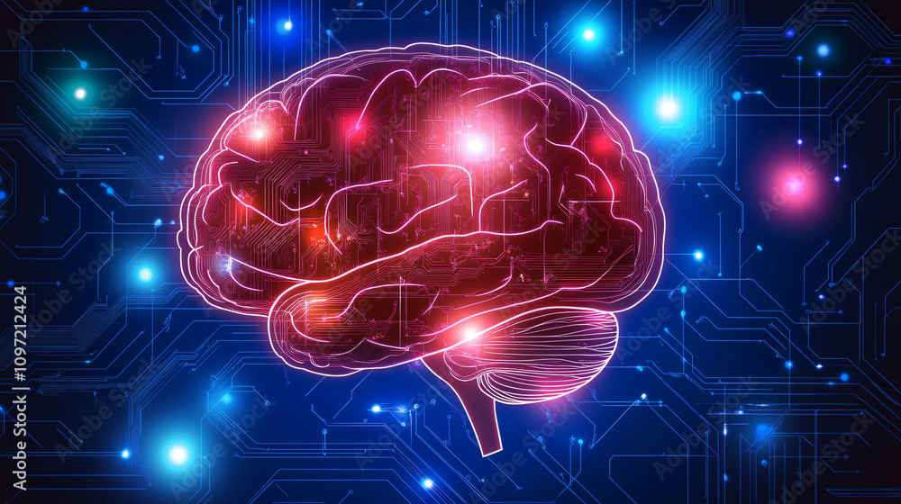 Leinwandbilder human brain illuminating with electronic circuitry, representing artificial intelligence, deep learn