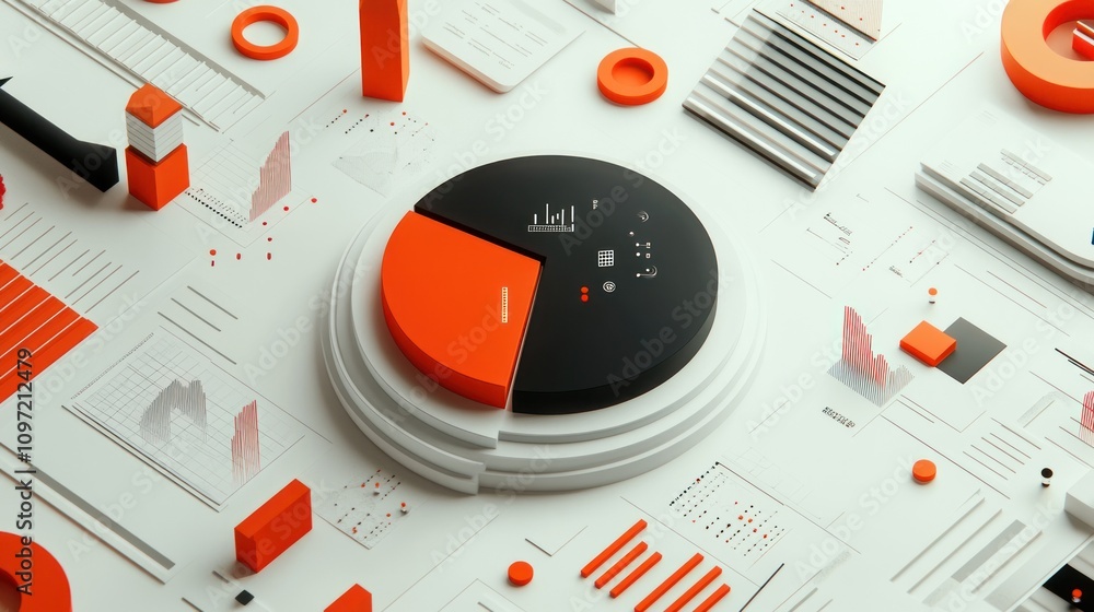 Aufkleber Abstract data visualization with geometric shapes and graphs in orange and black tones.