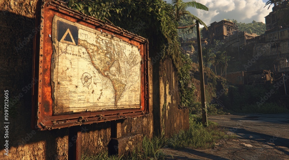 Poster A weathered map sign in a lush, overgrown area, indicating a location or route.
