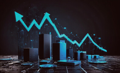 A blue and black image of a city skyline with a blue arrow pointing upwards. Concept of growth and progress, as the arrow suggests that the city is moving forward and developing