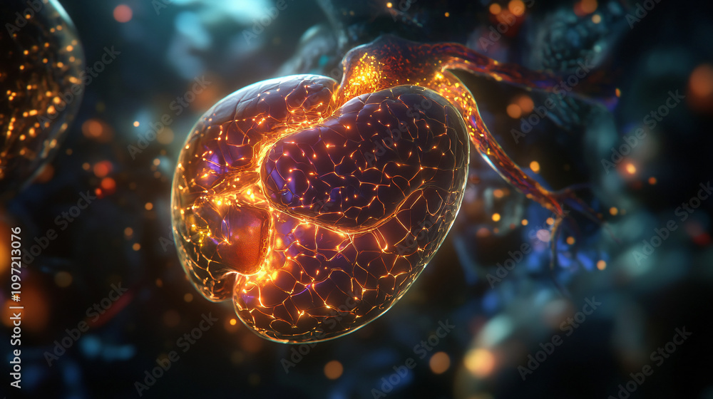 Poster closer look at alveoli: glowing capillary network demonstrates healthy lung function and respiration